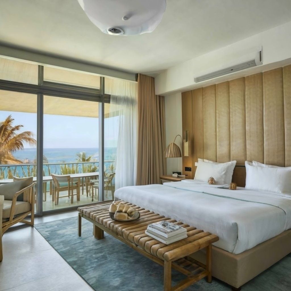 Suíte com cama de linho e varanda aberta para o mar